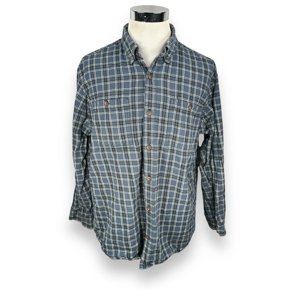 Duluth Trading Flannel Shirt Men Large Blue Plaid Long Sleeve Button Down Cotton